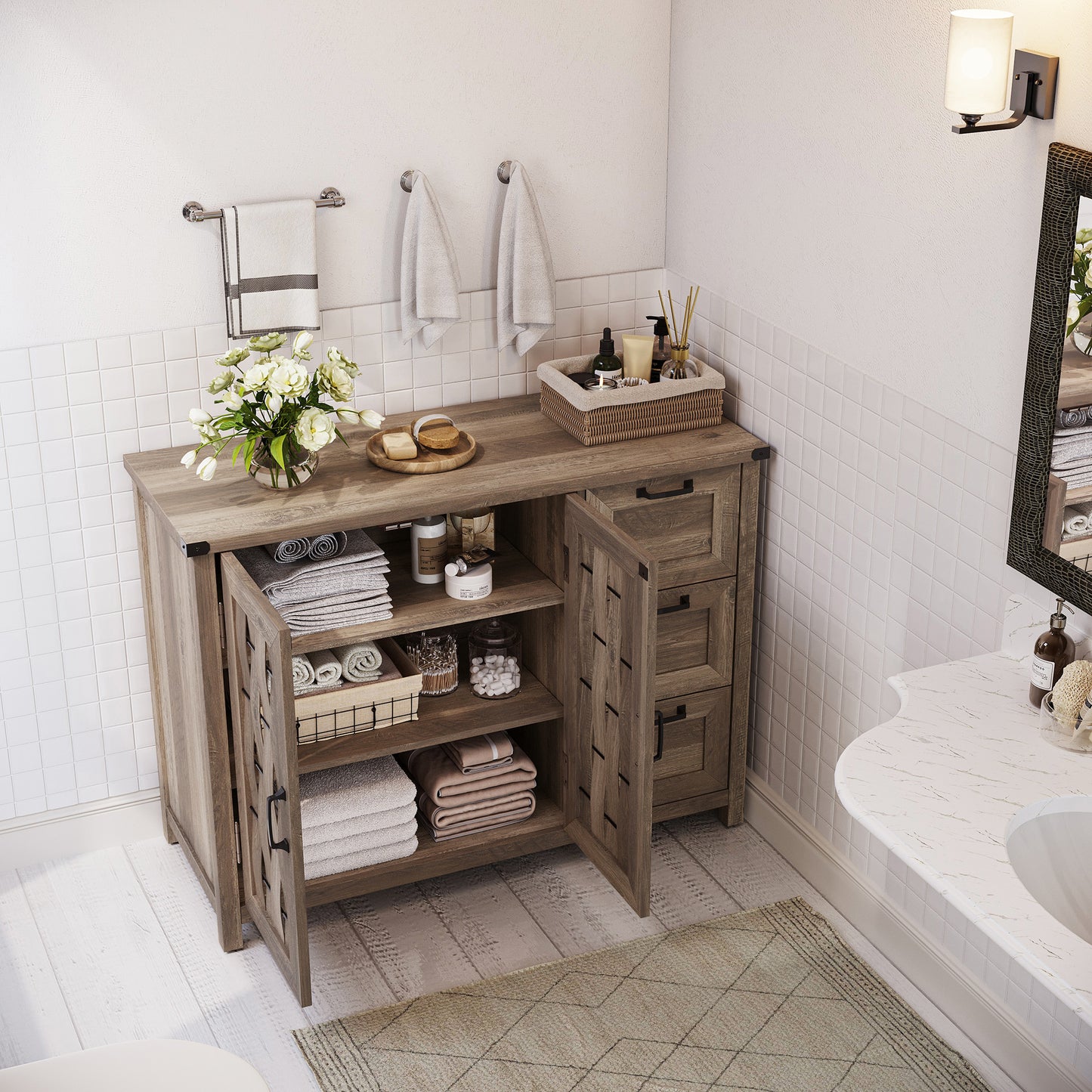 Sideboard Buffet Cabinet, 43" W Farmhouse Storage Cabinet with Drawers and Shelves