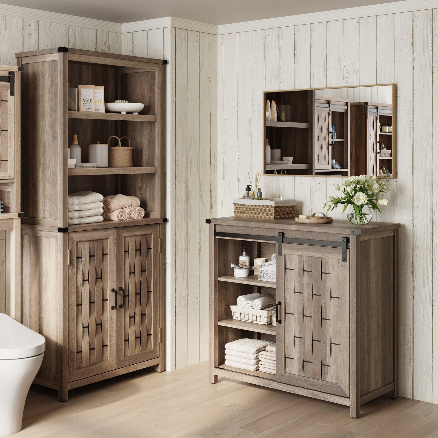 Kitchen Sideboard with Sliding Barn Door and Adjustable Shelves