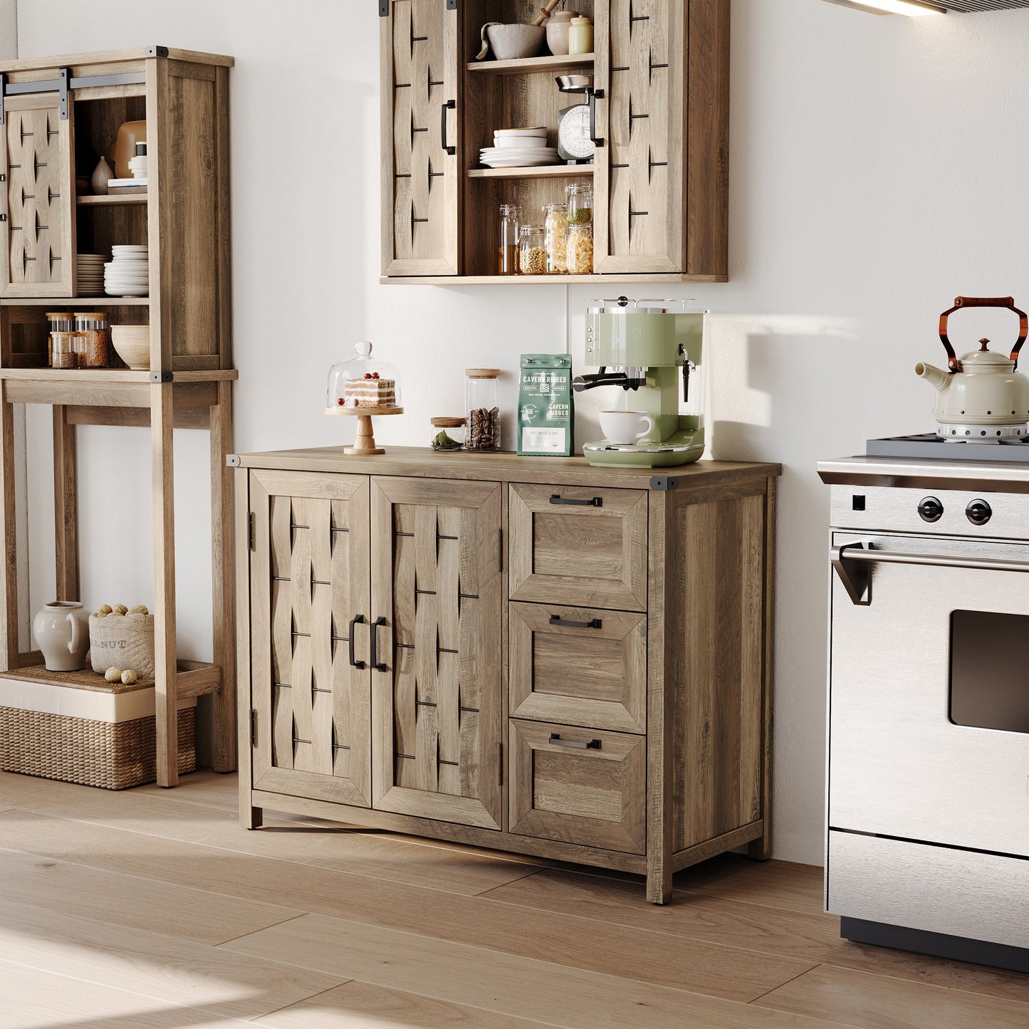 Sideboard Buffet Cabinet, 43" W Farmhouse Storage Cabinet with Drawers and Shelves