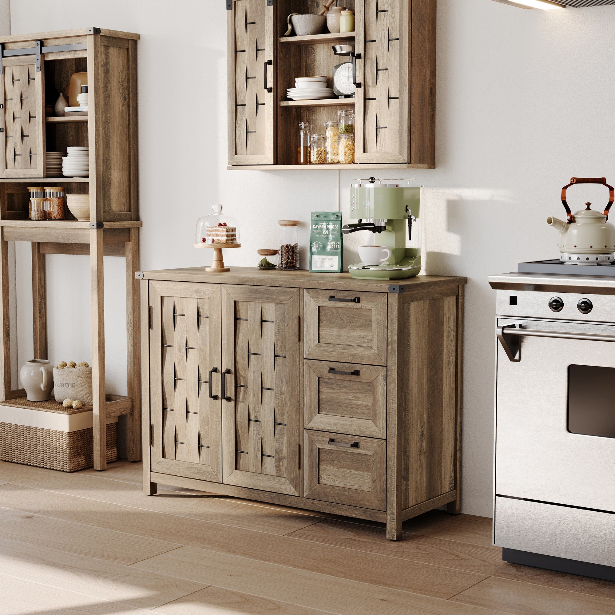 Sideboard Buffet Cabinet, 43" W Farmhouse Storage Cabinet with Drawers and Shelves