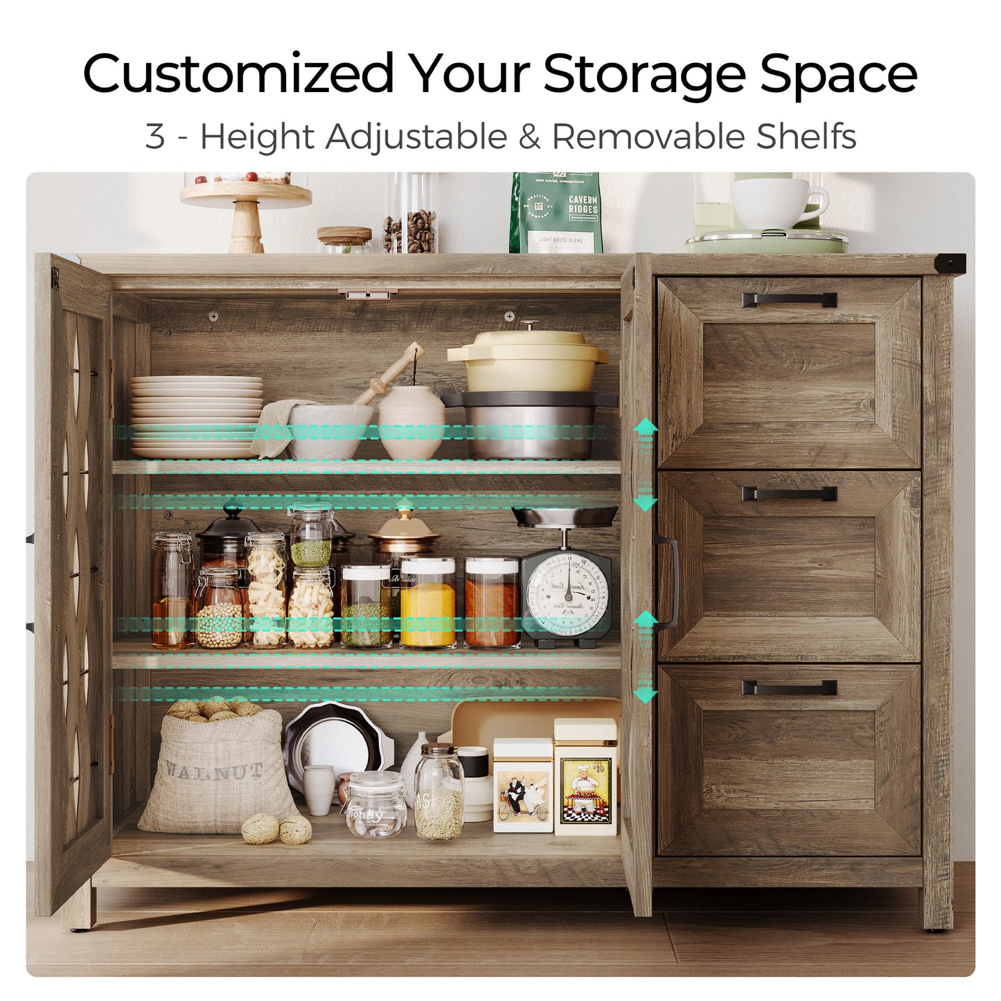 Sideboard Buffet Cabinet, 43" W Farmhouse Storage Cabinet with Drawers and Shelves