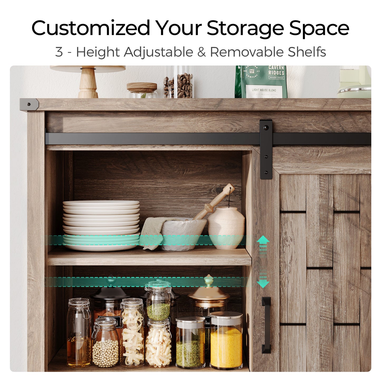 Kitchen Sideboard with Sliding Barn Door and Adjustable Shelves