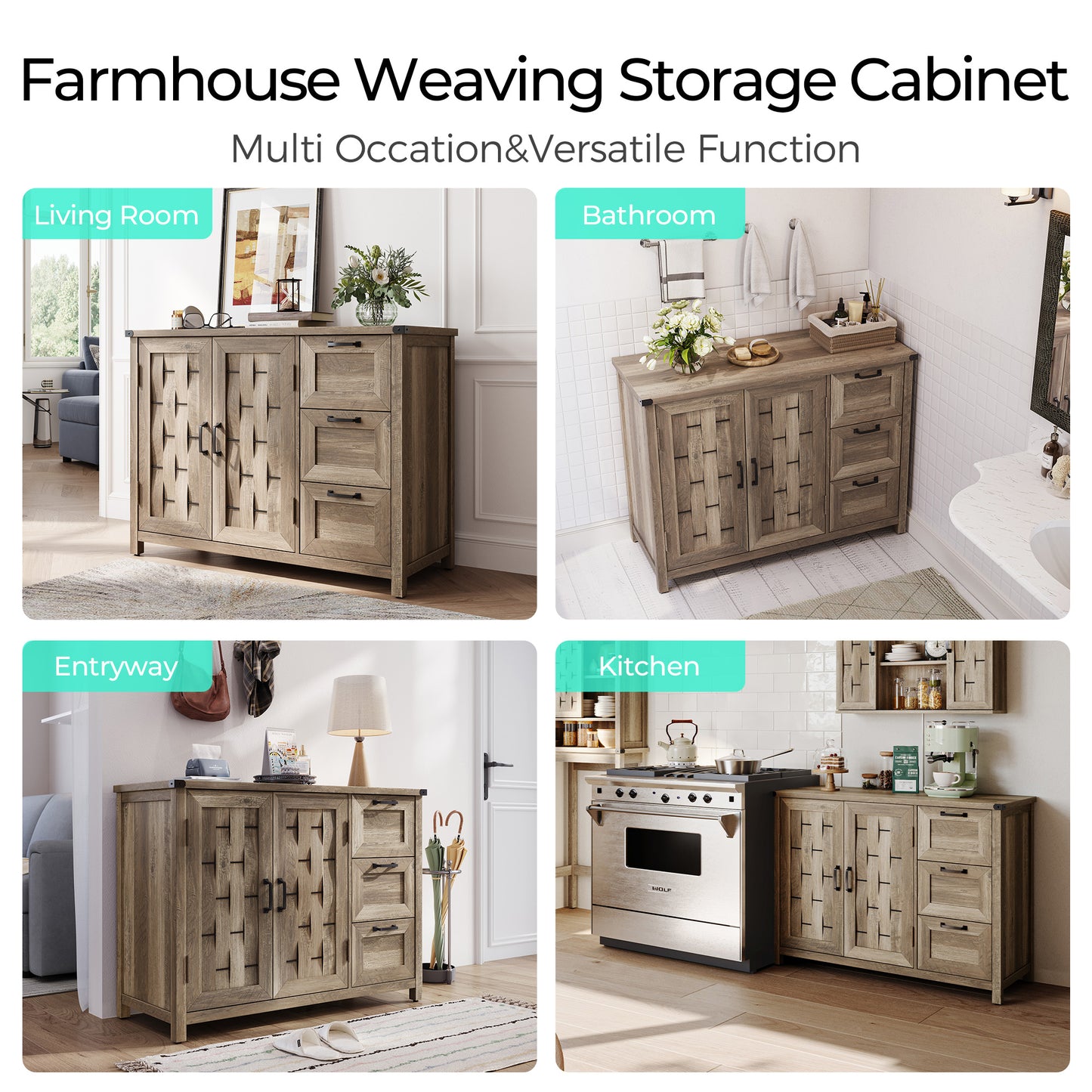 Sideboard Buffet Cabinet, 43" W Farmhouse Storage Cabinet with Drawers and Shelves