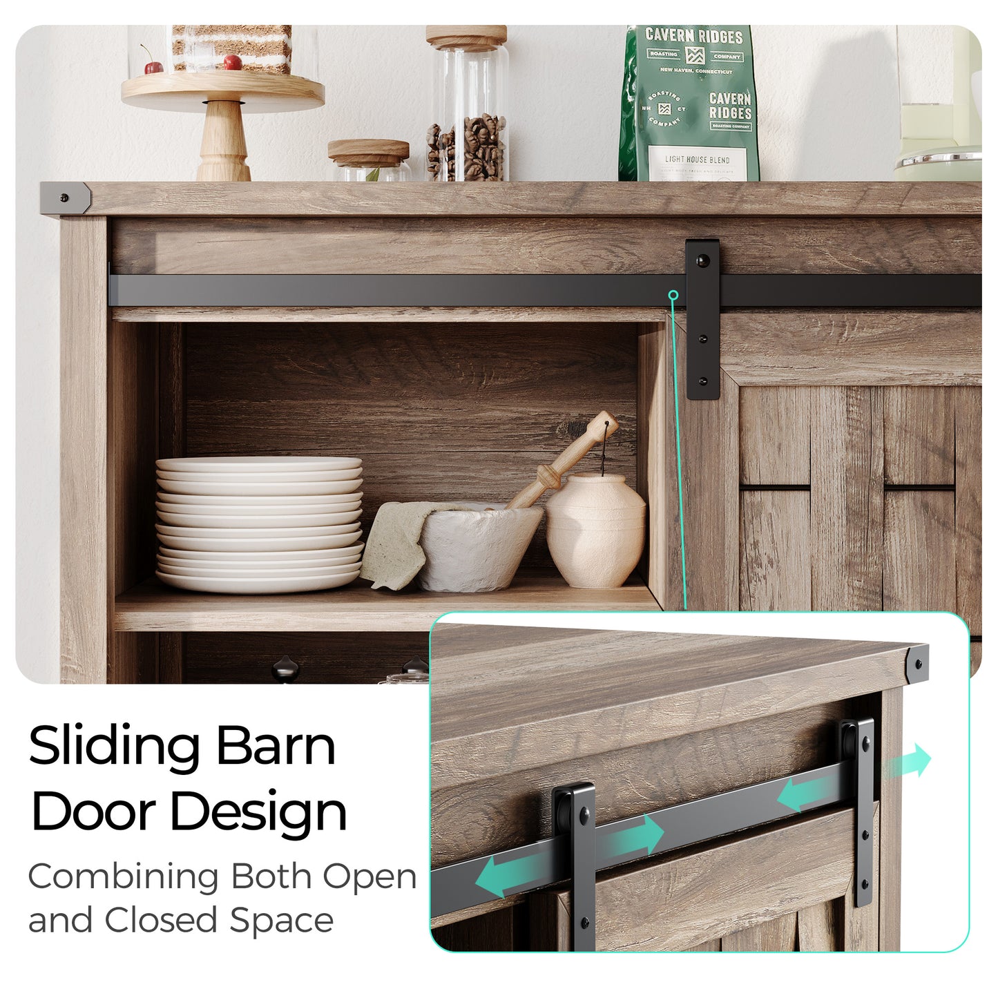 Kitchen Sideboard with Sliding Barn Door and Adjustable Shelves