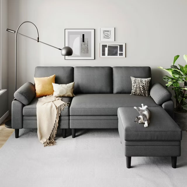 LINSY HOME 82" Reversible Sectional Sofa Couch, 3 Seater L -Shaped Sofa with Movable Ottoman for Living Room