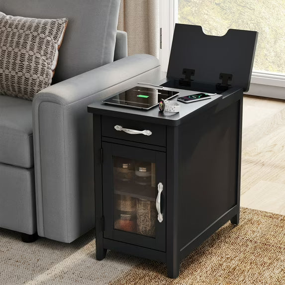 LINSY HOME End Tables for Living Room with Charging Station, Nightstand for Bedroom with Drawer and Detachable Holder