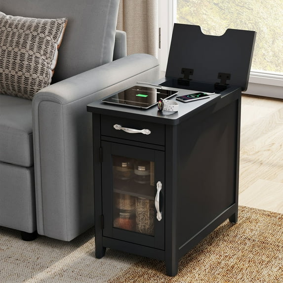 LINSY HOME End Tables for Living Room with Charging Station, Nightstand for Bedroom with Drawer and Detachable Holder,Black
