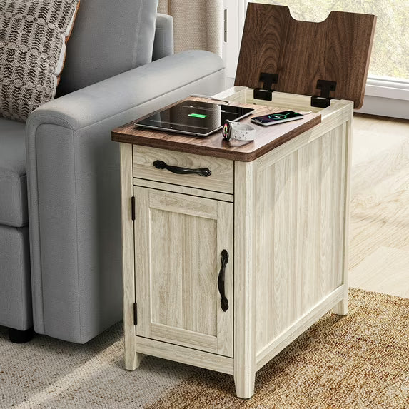 LINSY HOME End Tables for Living Room with Charging Station, Nightstand for Bedroom with Drawer and Detachable Holder