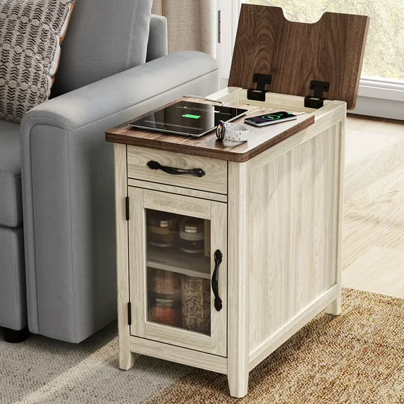 LINSY HOME End Tables for Living Room with Charging Station, Nightstand for Bedroom with Drawer and Detachable Holder