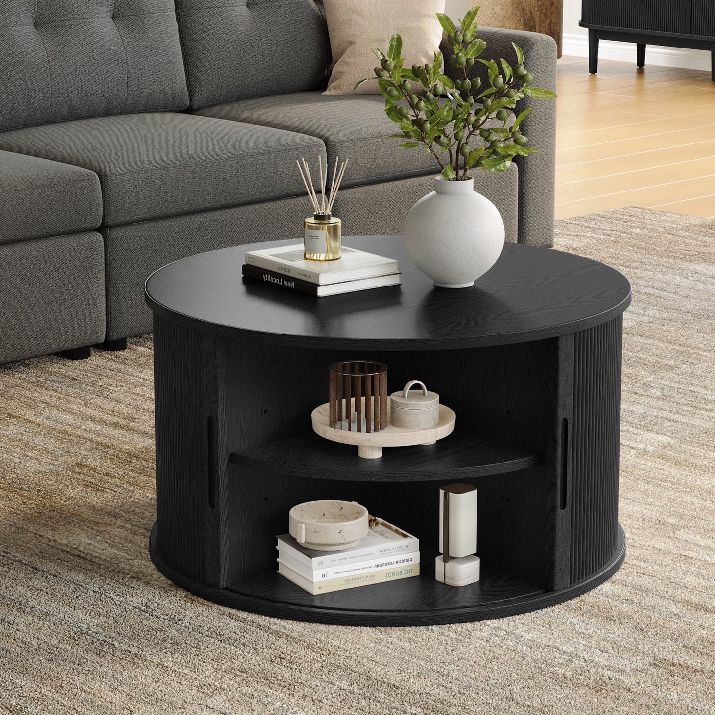 LINSY HOME Fluted Coffee Table Round with Large Storage, Mid-Century Coffee Table for Living Room with Sliding Tambour Door