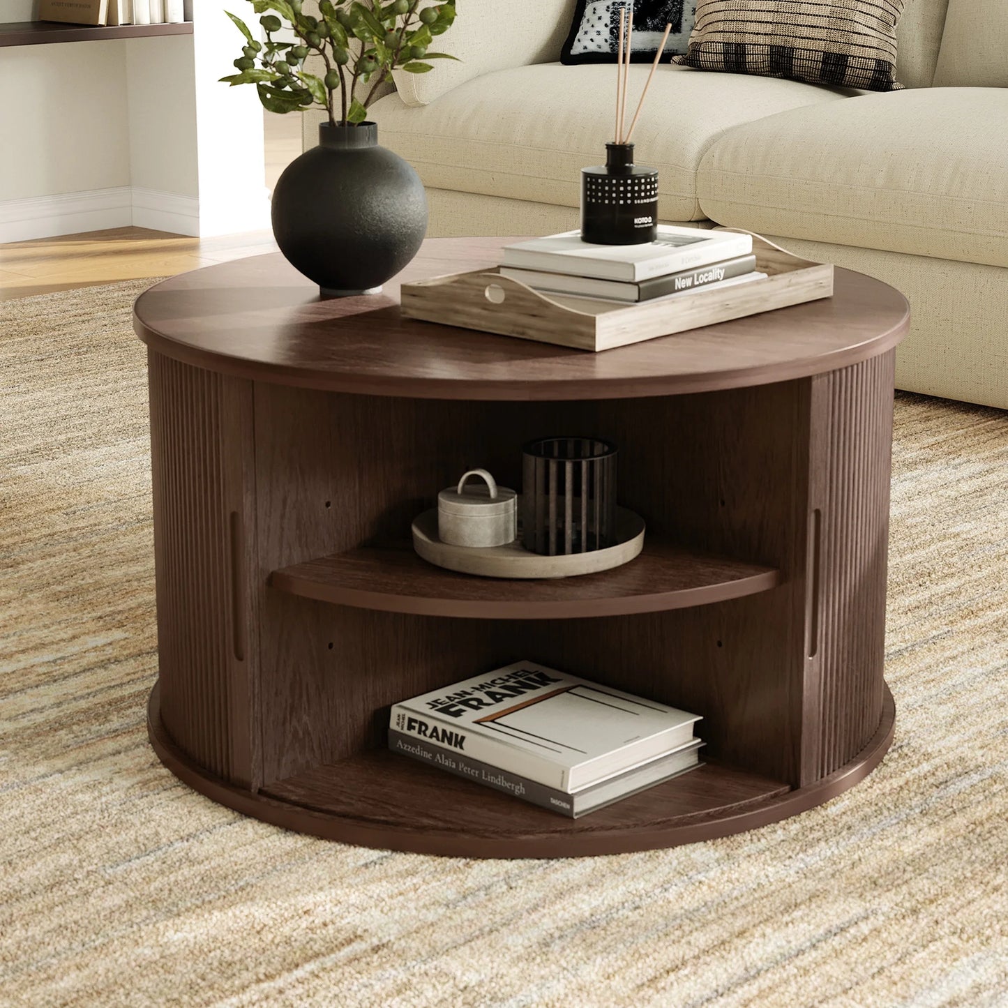 LINSY HOME Fluted Coffee Table Round with Large Storage, Mid-Century Coffee Table for Living Room with Sliding Tambour Door