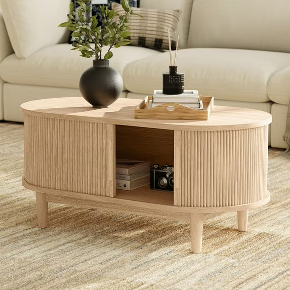 LINSY HOME Fluted Coffee Table with Storage, Mid-Century Coffee Table for Living Room with Sliding Tambour Door