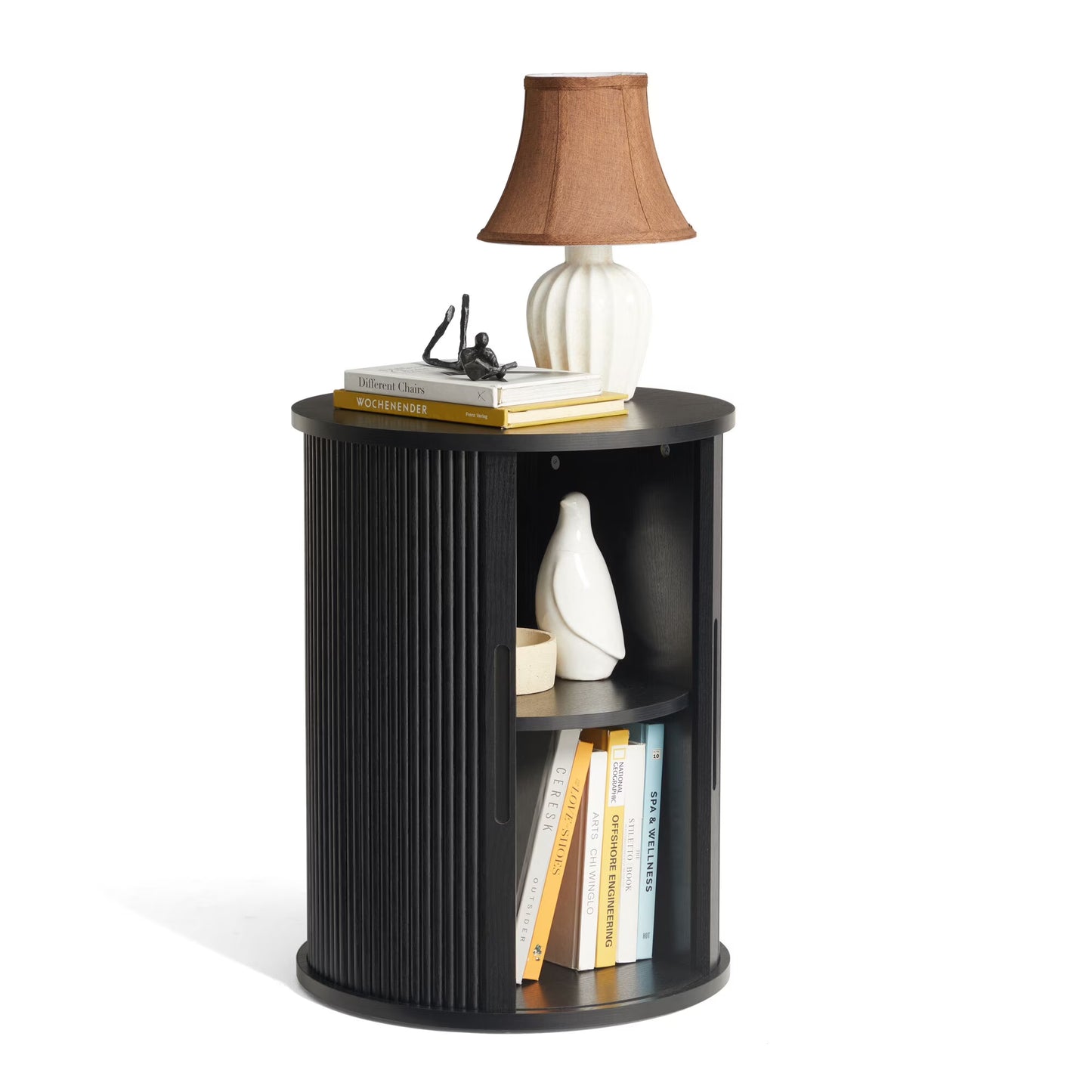 LINSY HOME Fluted Round End Tables for Living Room, Nightstand for Bedroom with with Sliding Tambour Door and Adjustable Shelves