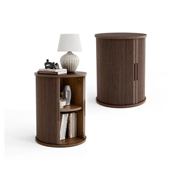 LINSY HOME Fluted Round End Tables for Living Room, Nightstand for Bedroom with with Sliding Tambour Door and Adjustable Shelves
