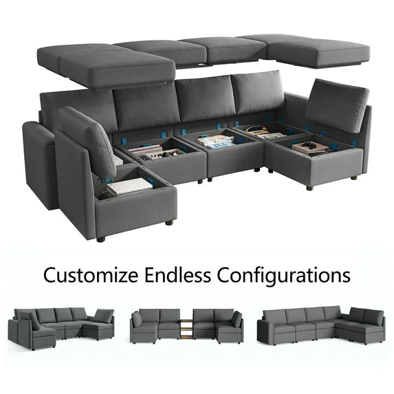 LINSY HOME Modular Couches and Sofas Sectional with Storage, 6 Seat Sectional Sofa for Living Room, U Shaped Sectional Couch with Reversible Chaises, Dark Gray