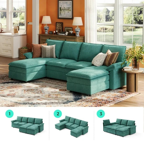 Linsy Home 115" Cloud Sectional Couches for Living Room, U-Shaped Sectional Sofa with Double Chaise, Green