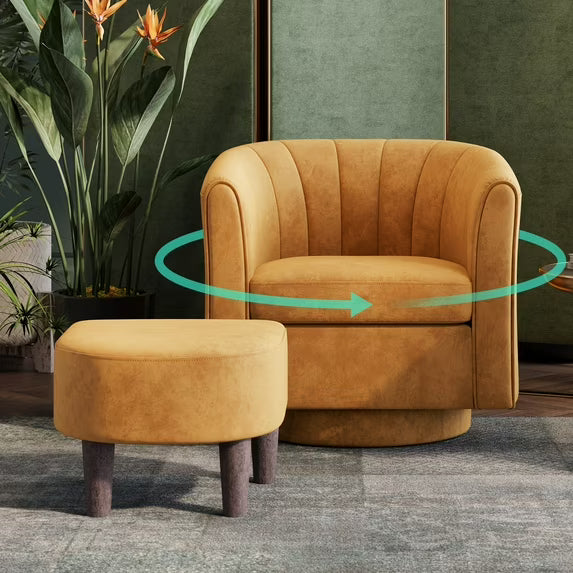 LINSY HOME Swivel Accent Chair with Ottoman, Velvet Barrel Chair for Living Room