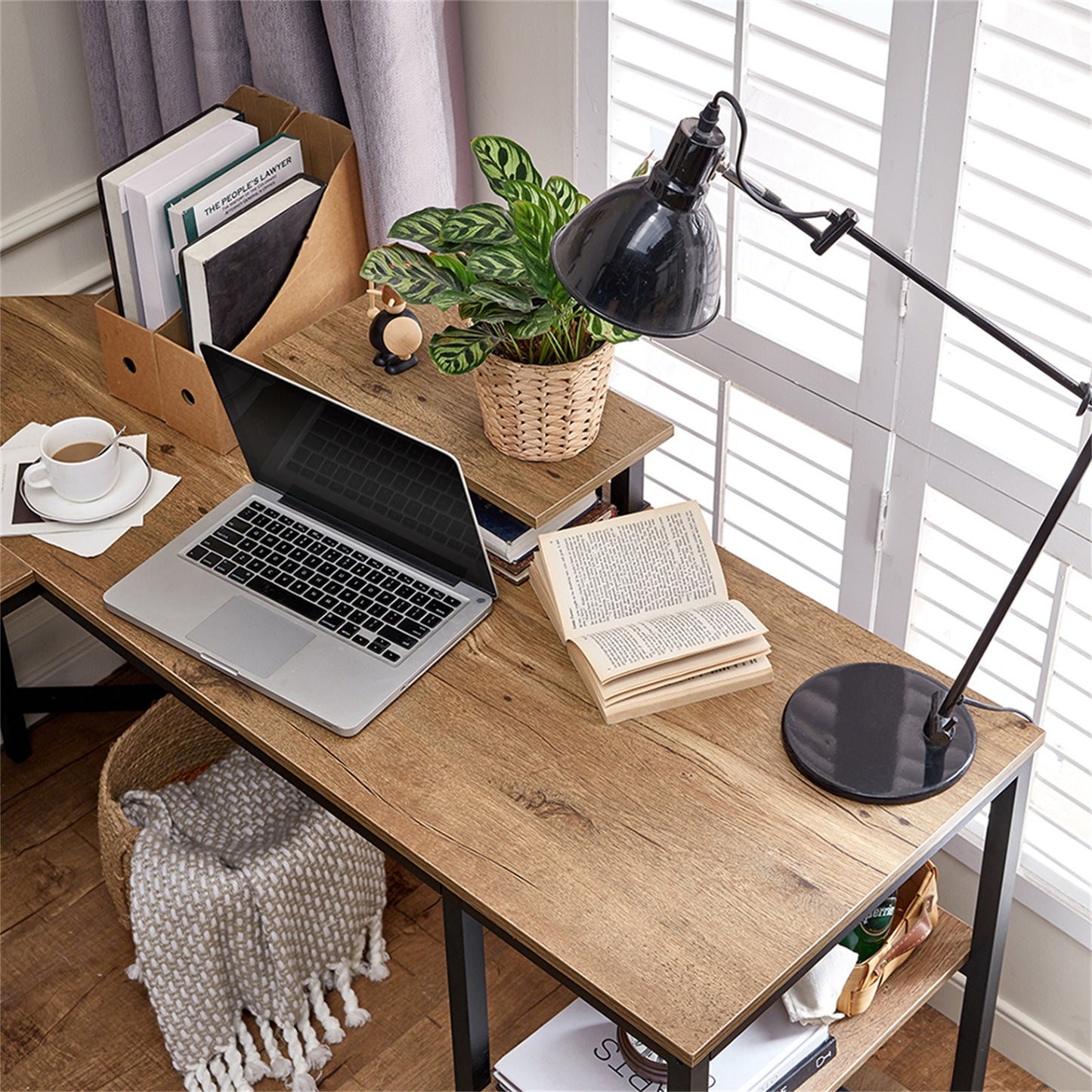 L-Shaped Computer Desk with Monitor Stand and Storage Shelves – Rustic Industrial Workstation