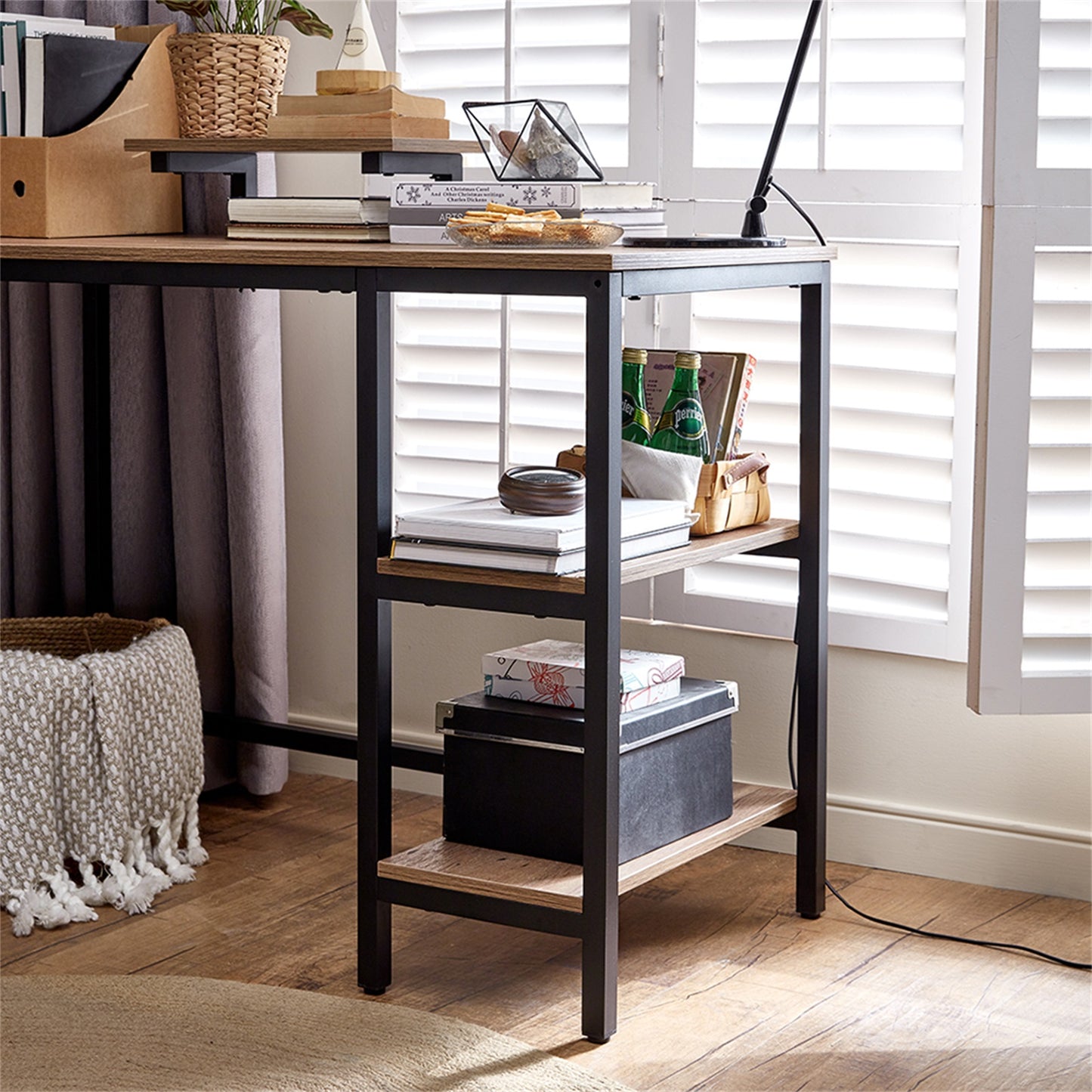 L-Shaped Computer Desk with Monitor Stand and Storage Shelves – Rustic Industrial Workstation