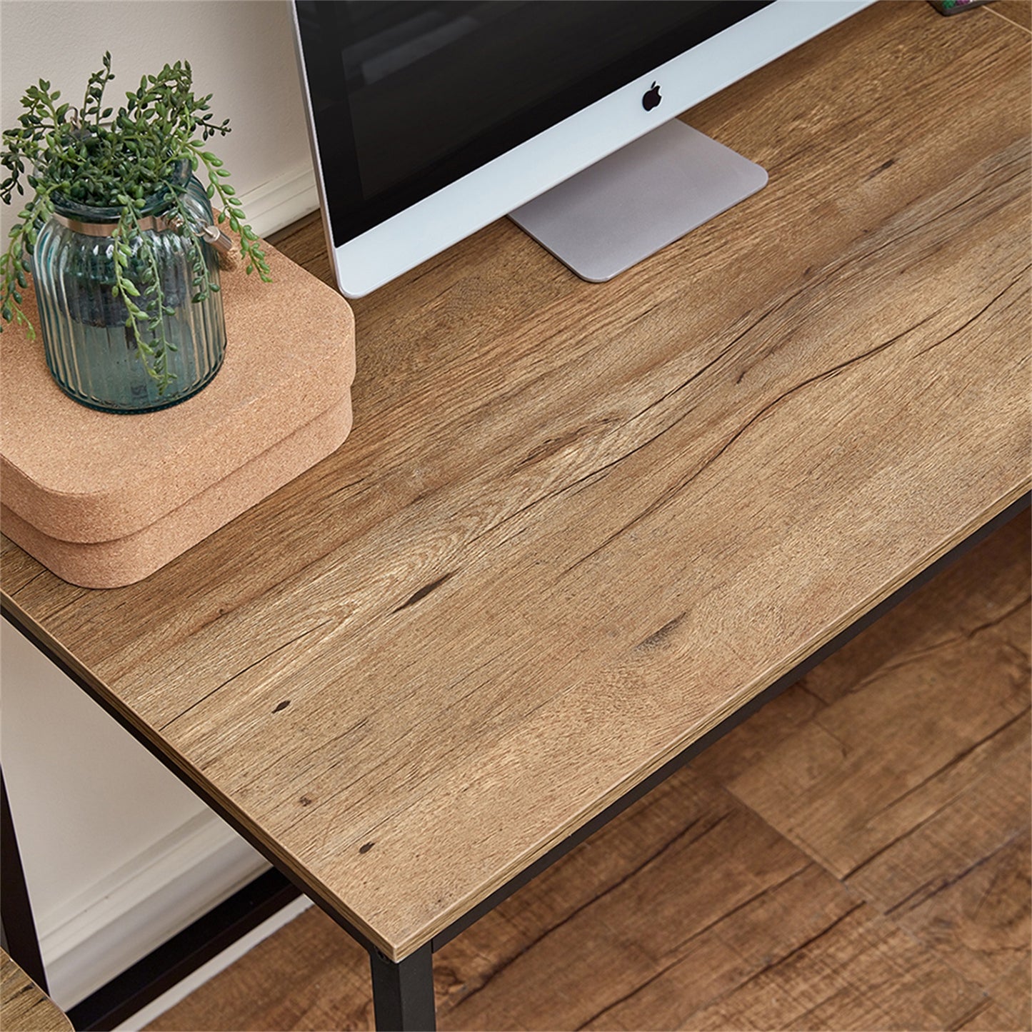 L-Shaped Computer Desk with Monitor Stand and Storage Shelves – Rustic Industrial Workstation