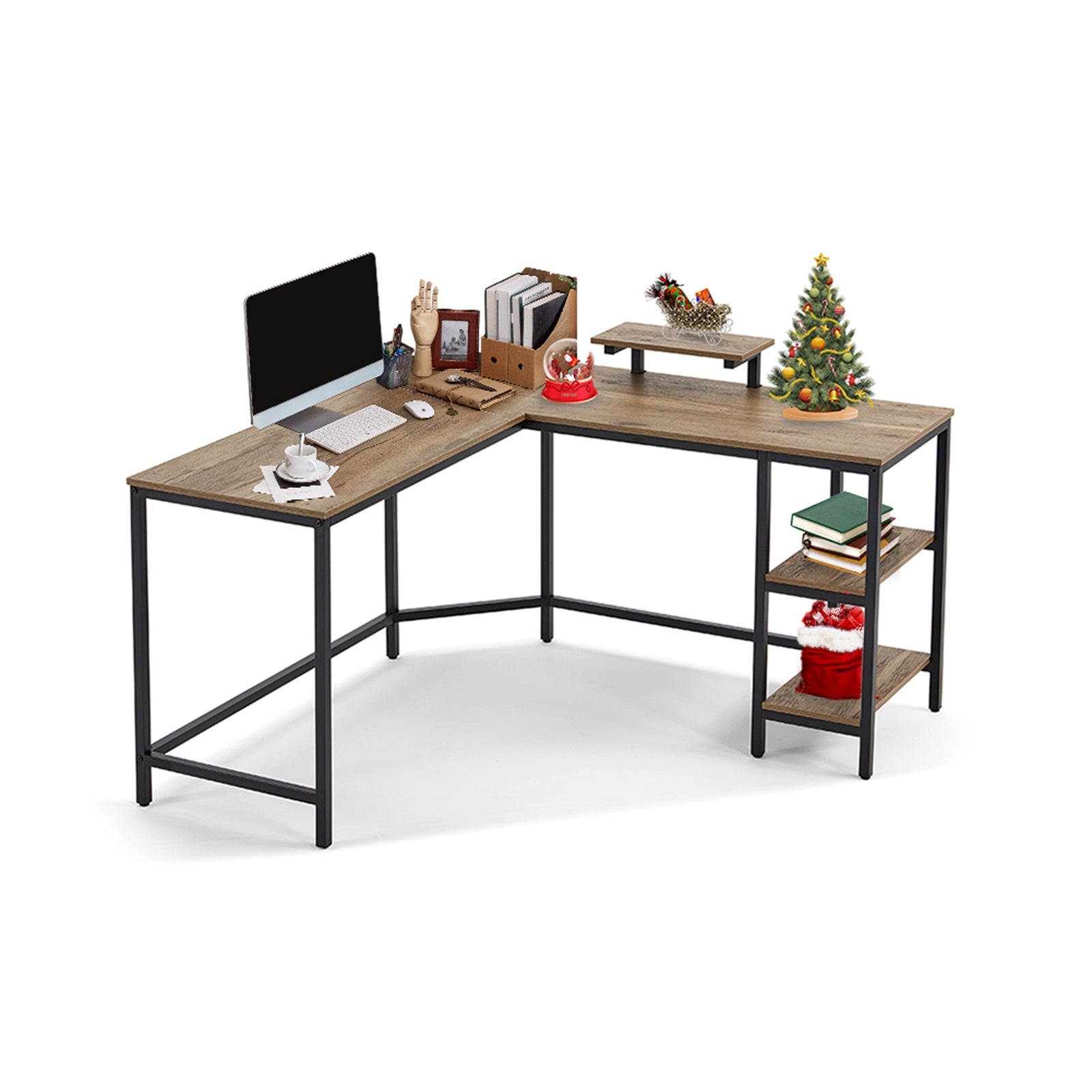 L-Shaped Computer Desk with Monitor Stand and Storage Shelves – Rustic Industrial Workstation