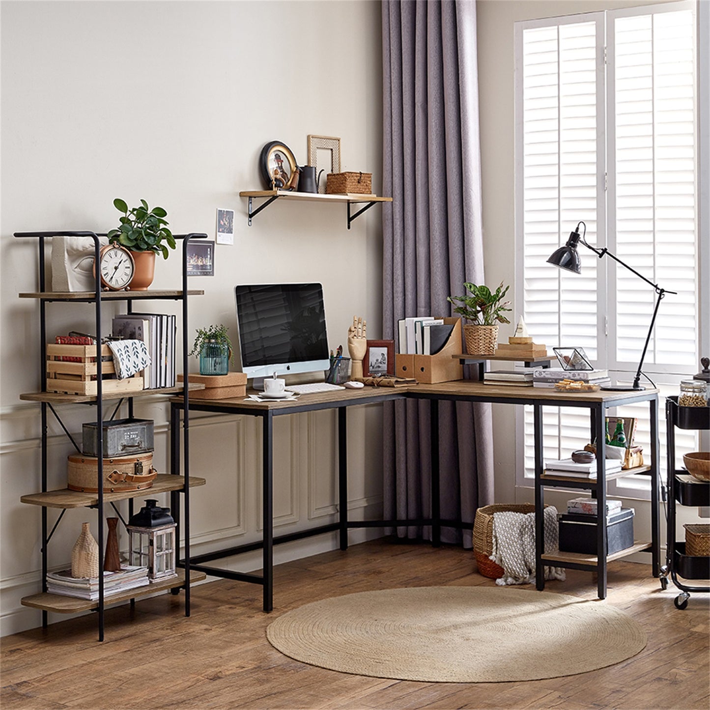 L-Shaped Computer Desk with Monitor Stand and Storage Shelves – Rustic Industrial Workstation