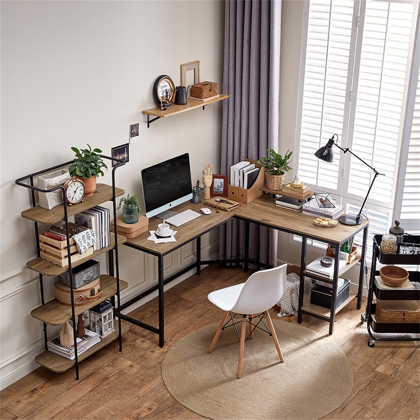 L-Shaped Computer Desk with Monitor Stand and Storage Shelves – Rustic Industrial Workstation