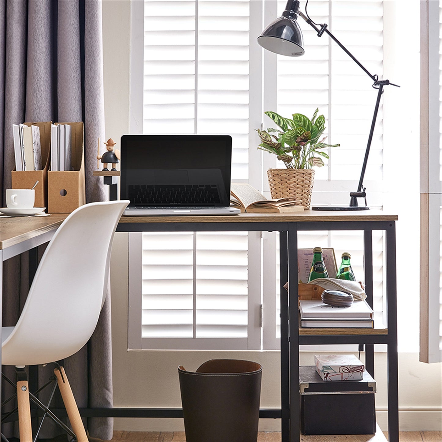 L-Shaped Computer Desk with Monitor Stand and Storage Shelves – Rustic Industrial Workstation