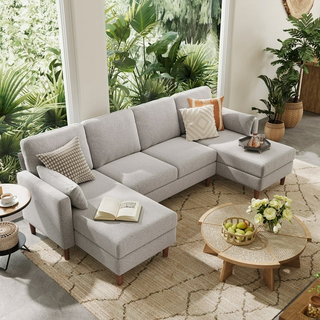 Linsy Home 101" Modular Sectional Couches for Living Room, U-Shaped Sectional Sofa with 2 Pillows, 4 Seat Oversized Sofa with Double Chaise, Beige Bouclé