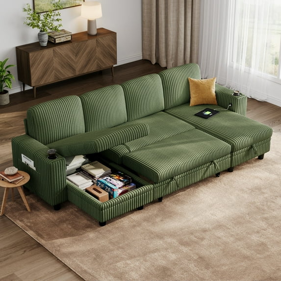 Linsy Home 106" Plush Corduroy Sleeper Sofa Bed with Storage Chaise, Pull Out Couch Bed with USB, Cup Holder, Side Pocket, U Shaped Sectional Couches for Living Room, Apartment, Green