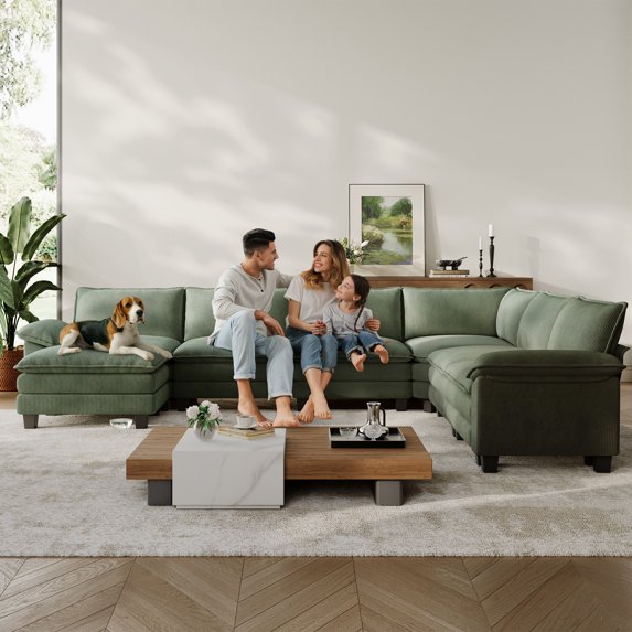 Linsy Home 123" Cloud Modular Sectional Sofa for Living Room, L-Shaped Cloud Sofa Couch with Corduroy Fabric, 3 Seat Oversized Couch with Movable Ottoman, Green