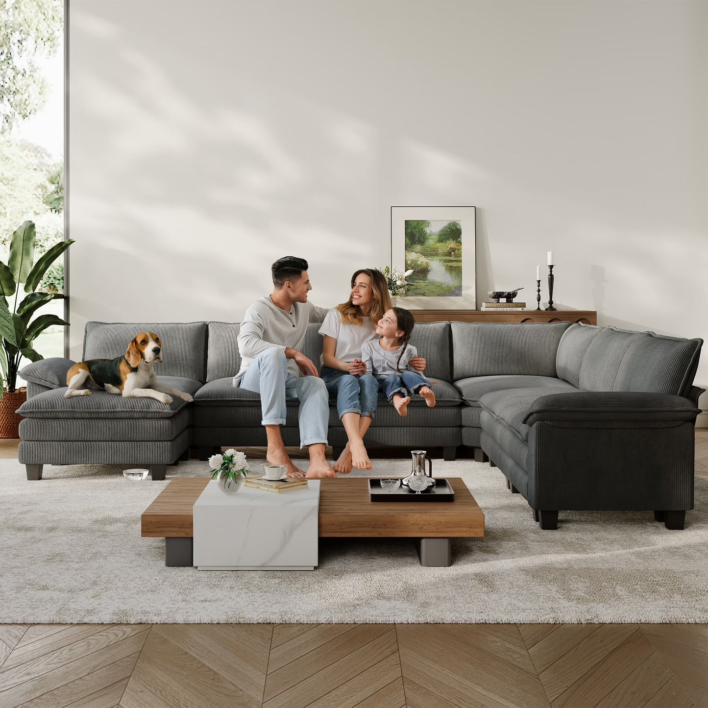 Linsy Home 123" Cloud Modular Sectional Sofa for Living Room, L-Shaped Cloud Sofa Couch with Corduroy Fabric, 3 Seat Oversized Couch with Movable Ottoman, Green