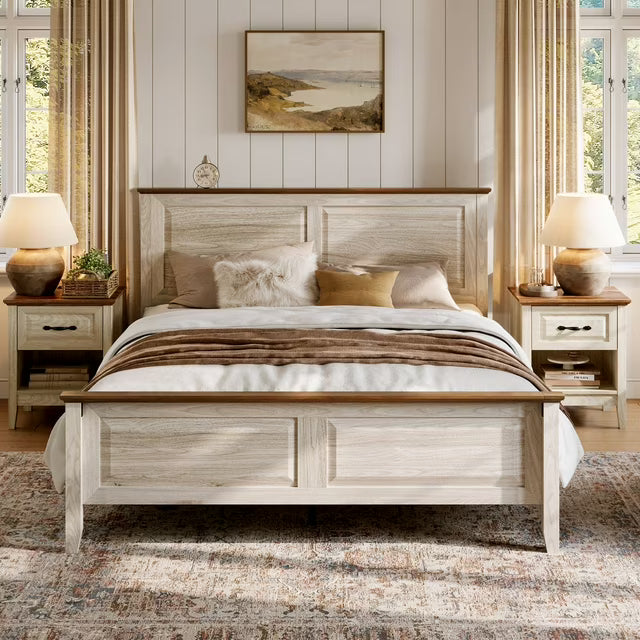 Linsy Home 3 Pieces Farmhouse Bedroom Furniture Set, Includes Full Size Wood Bed Frame with Storage Headboard, Nightstand Set of 2 with Charging Station