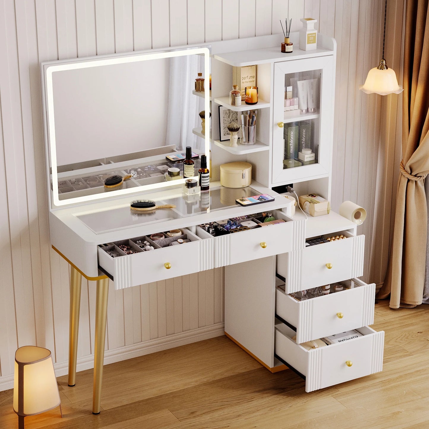 Linsy Home 48" Fluted Makeup Vanity With Mirror and Lights, Glass Top Vanity Desk with 5 Drawers & Adjustable Cabinets & Open Shelfs, Dressing Table with Charging Station & Hair Dryer Rack