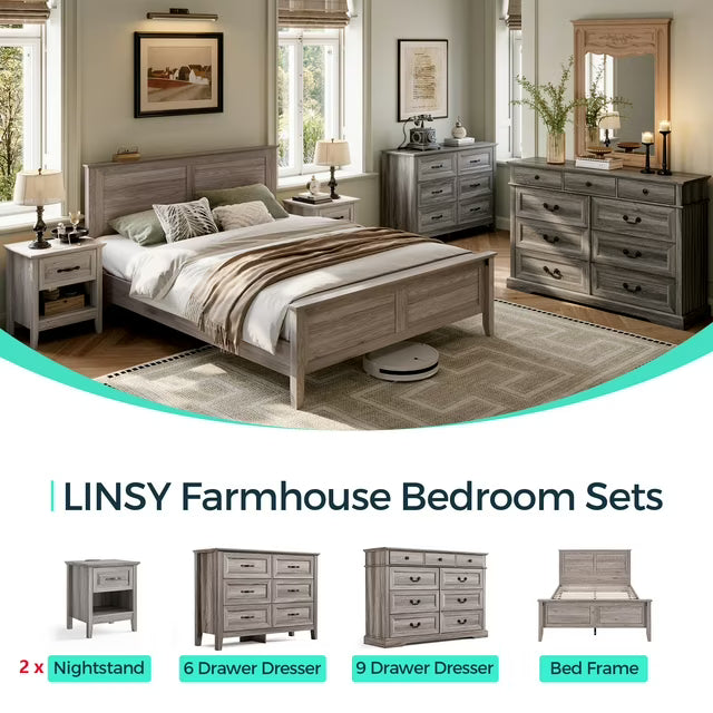Linsy Home 5 Pieces Farmhouse Bedroom Furniture Set, Includes Full Size Bed Frame with Headboard, Nightstand Set of 2 with Charging Station, 6 Drawer Dressers & 9 Drawer Dressers for Bedroom