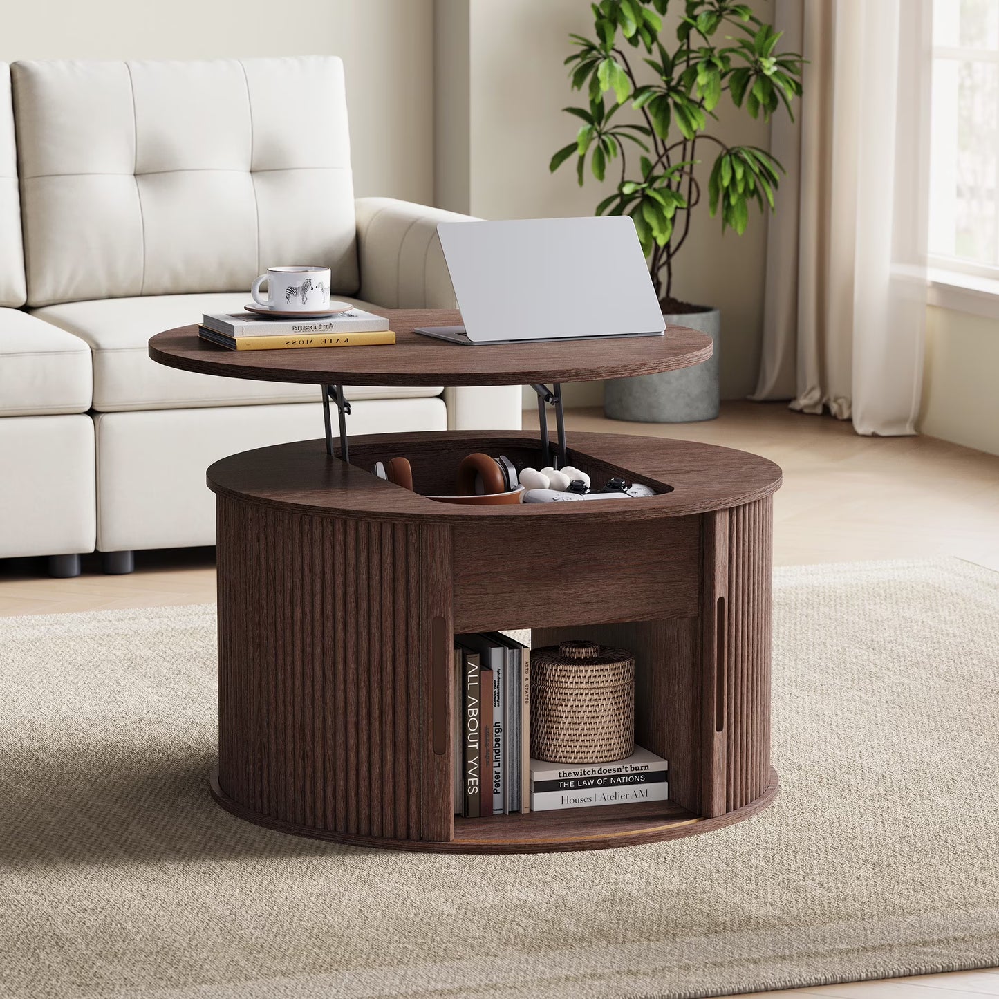 Linsy Home Lift Top Fluted Coffee Table with Storage, Mid-Century Coffee Table for Living Room with Sliding Tambour Door