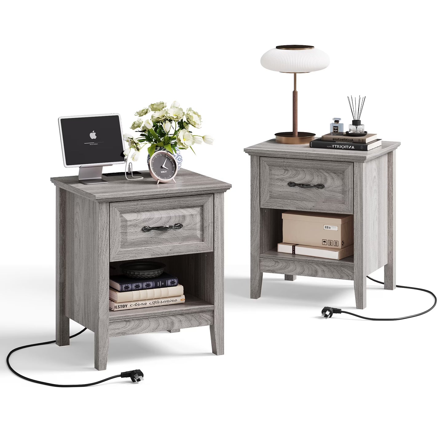 Linsy Home Nightstand for Bedroom with Charging Station, Farmhouse End Tables for Living Room with Drawer