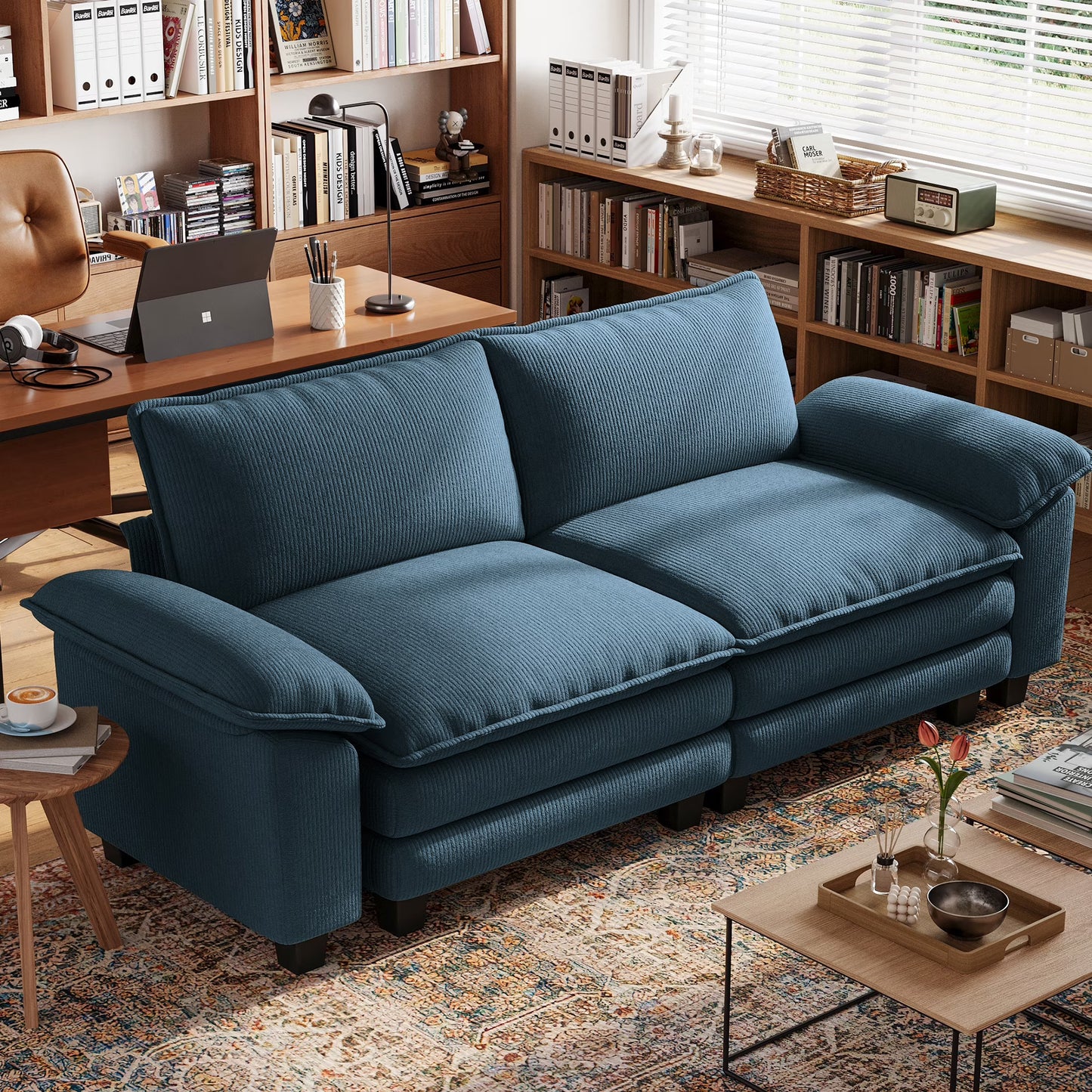 Linsy Home 123" Cloud Modular Sectional Sofa for Living Room, L-Shaped Cloud Sofa Couch with Corduroy Fabric, 3 Seat Oversized Couch with Movable Ottoman, Green