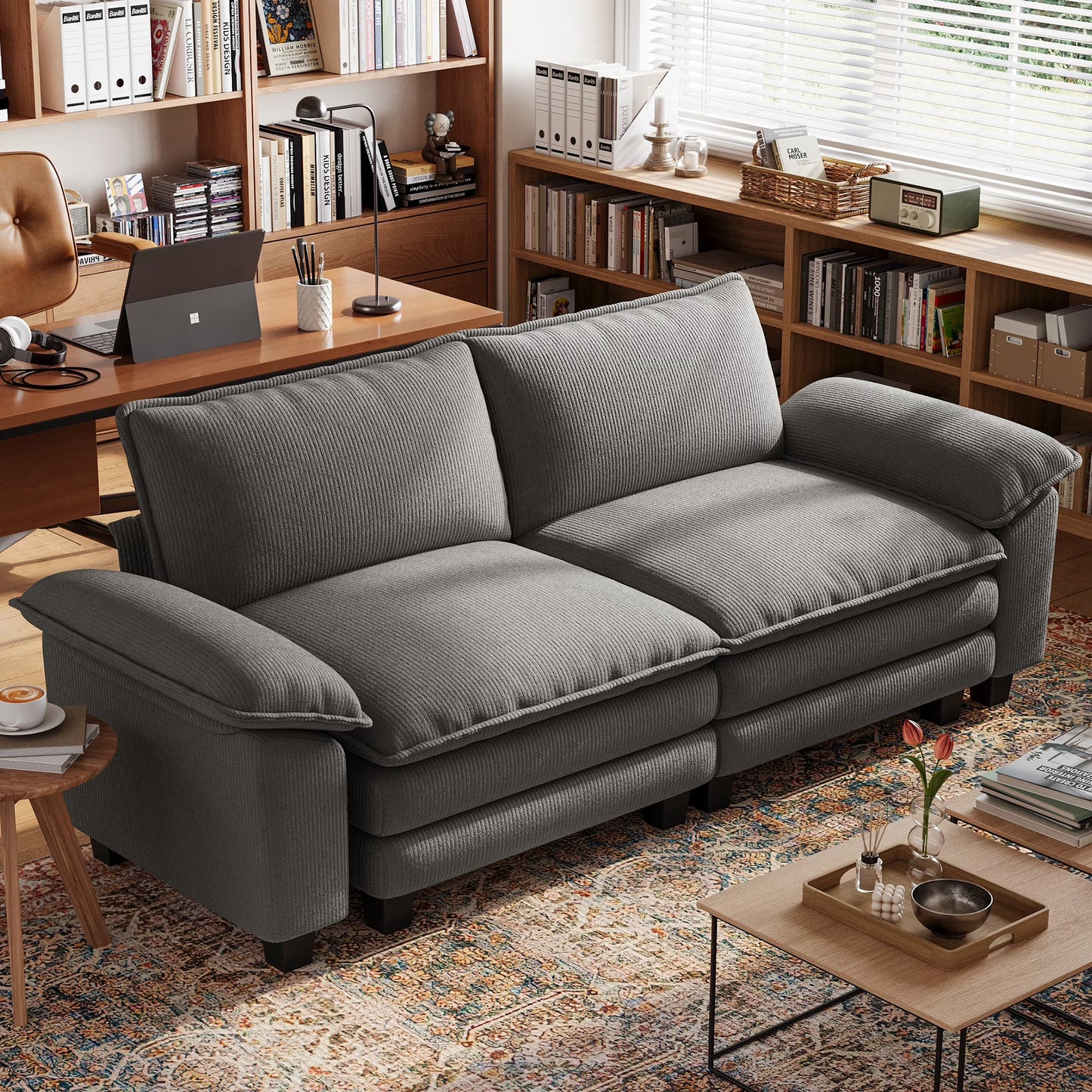 Linsy Home 123" Cloud Modular Sectional Sofa for Living Room, L-Shaped Cloud Sofa Couch with Corduroy Fabric, 3 Seat Oversized Couch with Movable Ottoman, Green