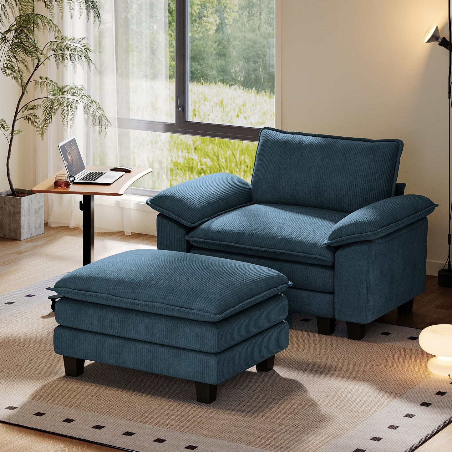 Linsy Home 123" Cloud Modular Sectional Sofa for Living Room, L-Shaped Cloud Sofa Couch with Corduroy Fabric, 3 Seat Oversized Couch with Movable Ottoman, Green