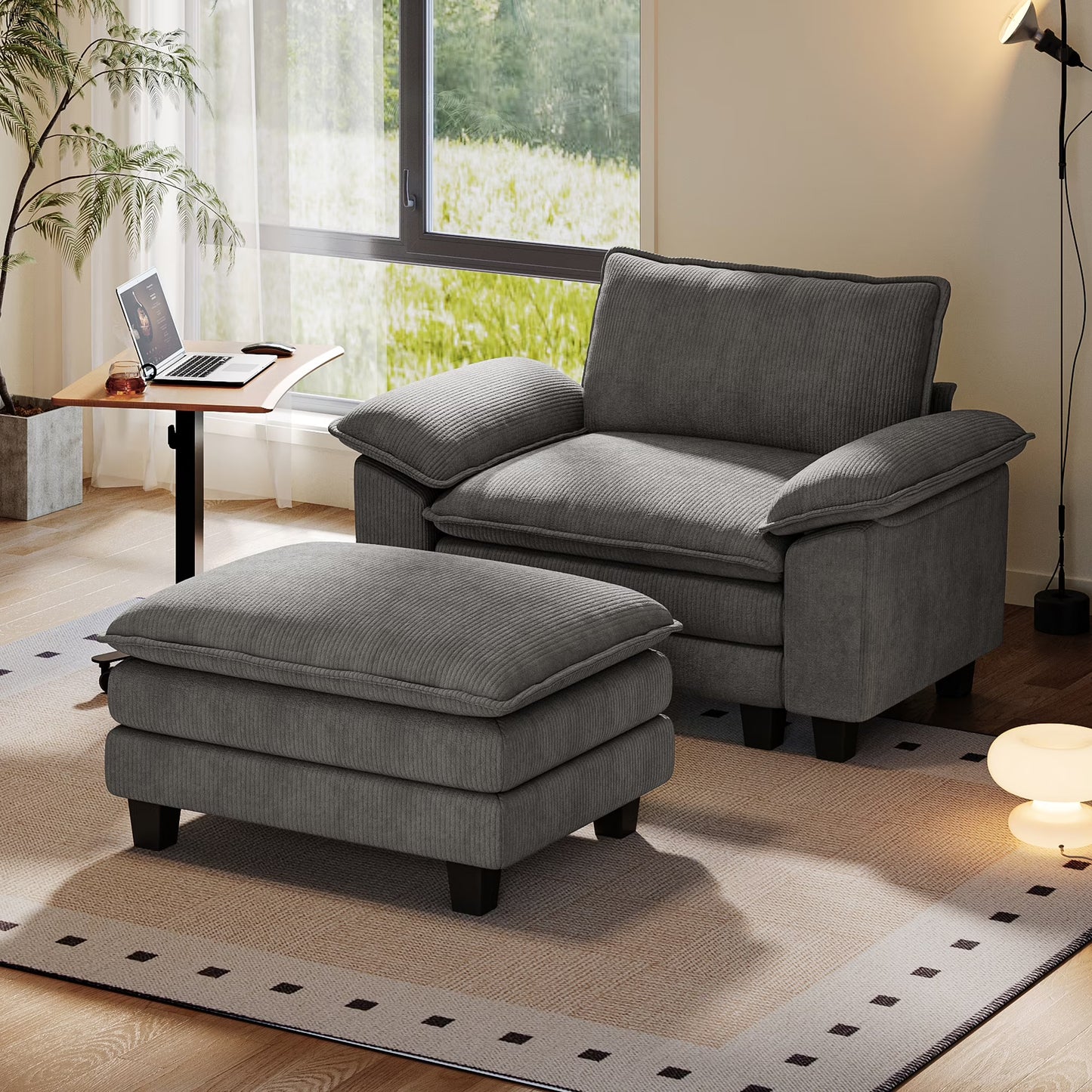 Linsy Home 123" Cloud Modular Sectional Sofa for Living Room, L-Shaped Cloud Sofa Couch with Corduroy Fabric, 3 Seat Oversized Couch with Movable Ottoman, Green