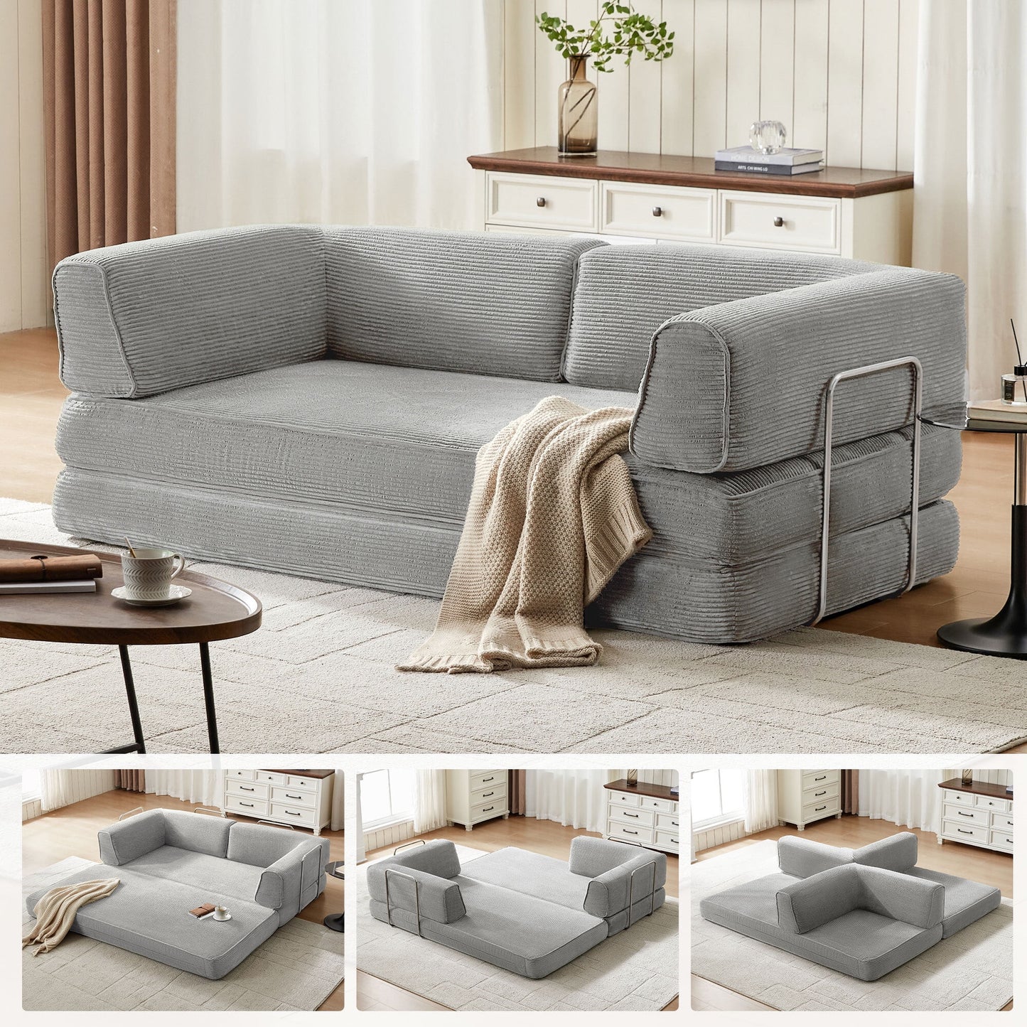 Linsy Home Oversized Corduroy Futon Sofa Bed Couch, Convertible Boneless Cloud Couch Bed, King Size Sleeper Sofa Bed With Fixed-Shape Frame, No Assembly Required