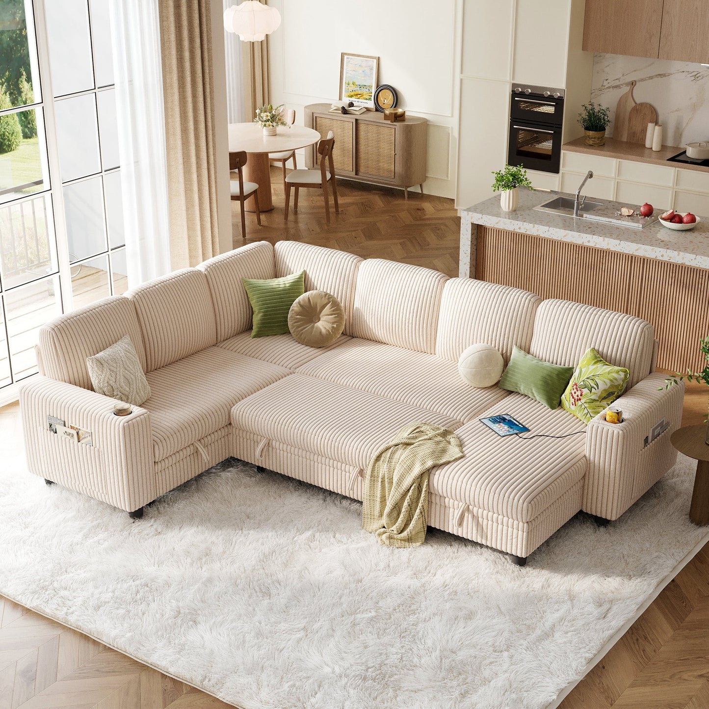 Linsy Home Plush Corduroy Sleeper Sofa Bed with Storage Chaise, Pull Out Couch Bed with USB, Cup Holder, Side Pocket, U Shaped Sectional Couches for Living Room, Apartment