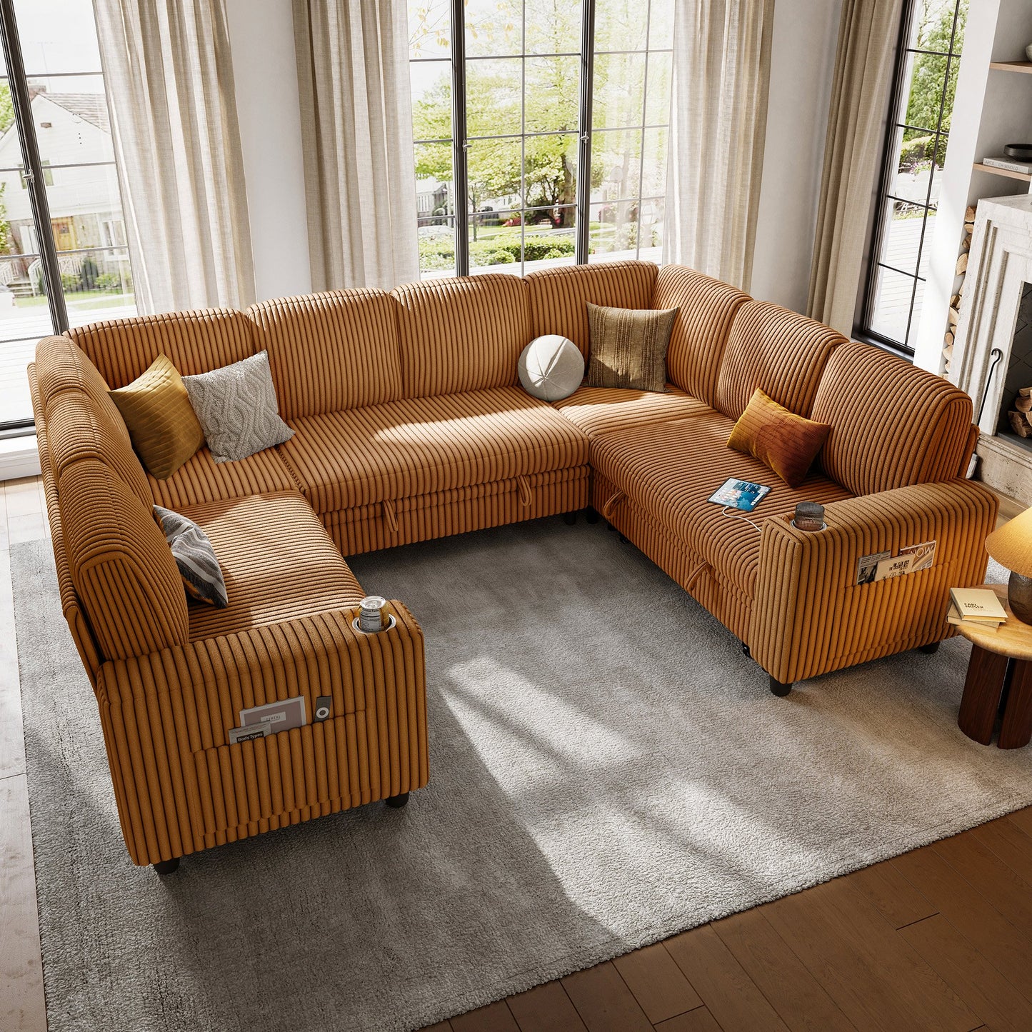 Linsy Home Plush Corduroy Sleeper Sofa Bed with Storage Chaise, Pull Out Couch Bed with USB, Cup Holder, Side Pocket, U Shaped Sectional Couches for Living Room, Apartment