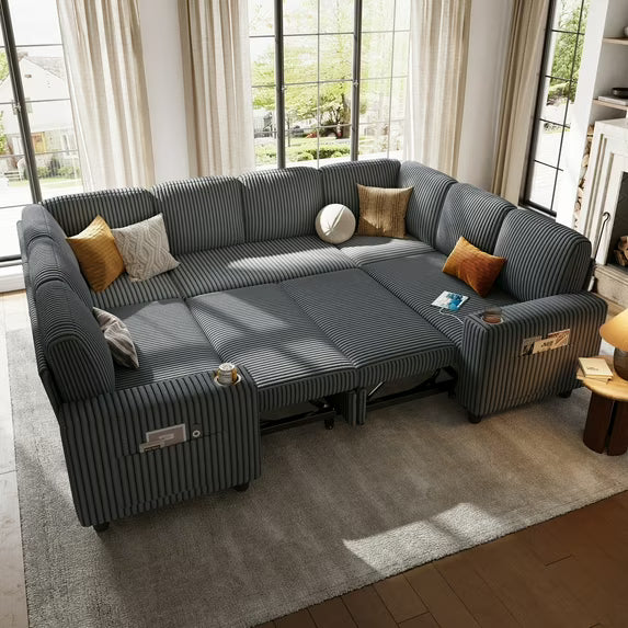 Linsy Home Plush Corduroy Sleeper Sofa Bed with Storage Chaise, Pull Out Couch Bed with USB, Cup Holder, Side Pocket, U Shaped Sectional Couches for Living Room, Apartment