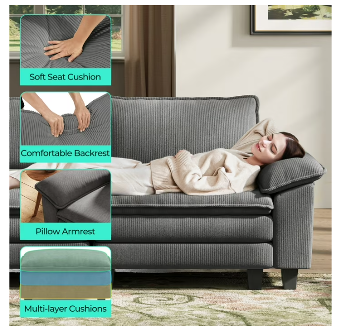 Linsy Home Oversized 5-Piece Sofa Set for Living Room, Comfy Corduroy Living Room Furniture Set Include Sectional Couch, Loveseat, Accent Chair and 2 Movable Ottomans, Grey