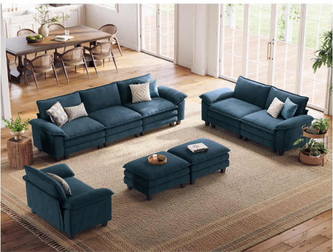 Linsy Home 153" Cloud Modular Sectional Sofa for Living Room, V-Shaped Cloud Sofa Couch with Corduroy Fabric, 5 Seat Oversized Couch with Corner Seat&Movable Ottoman, Green