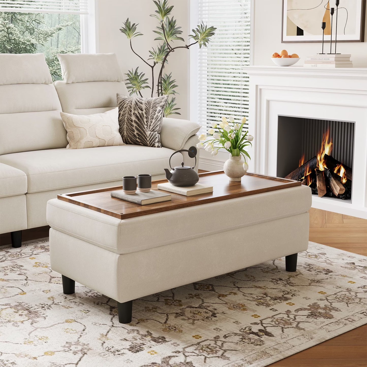 LINSY HOME 46" Large Ottoman with Storage, Ottoman Coffee Table, Upholstered Storage Bench for Living Room, Bedroom or Entryway