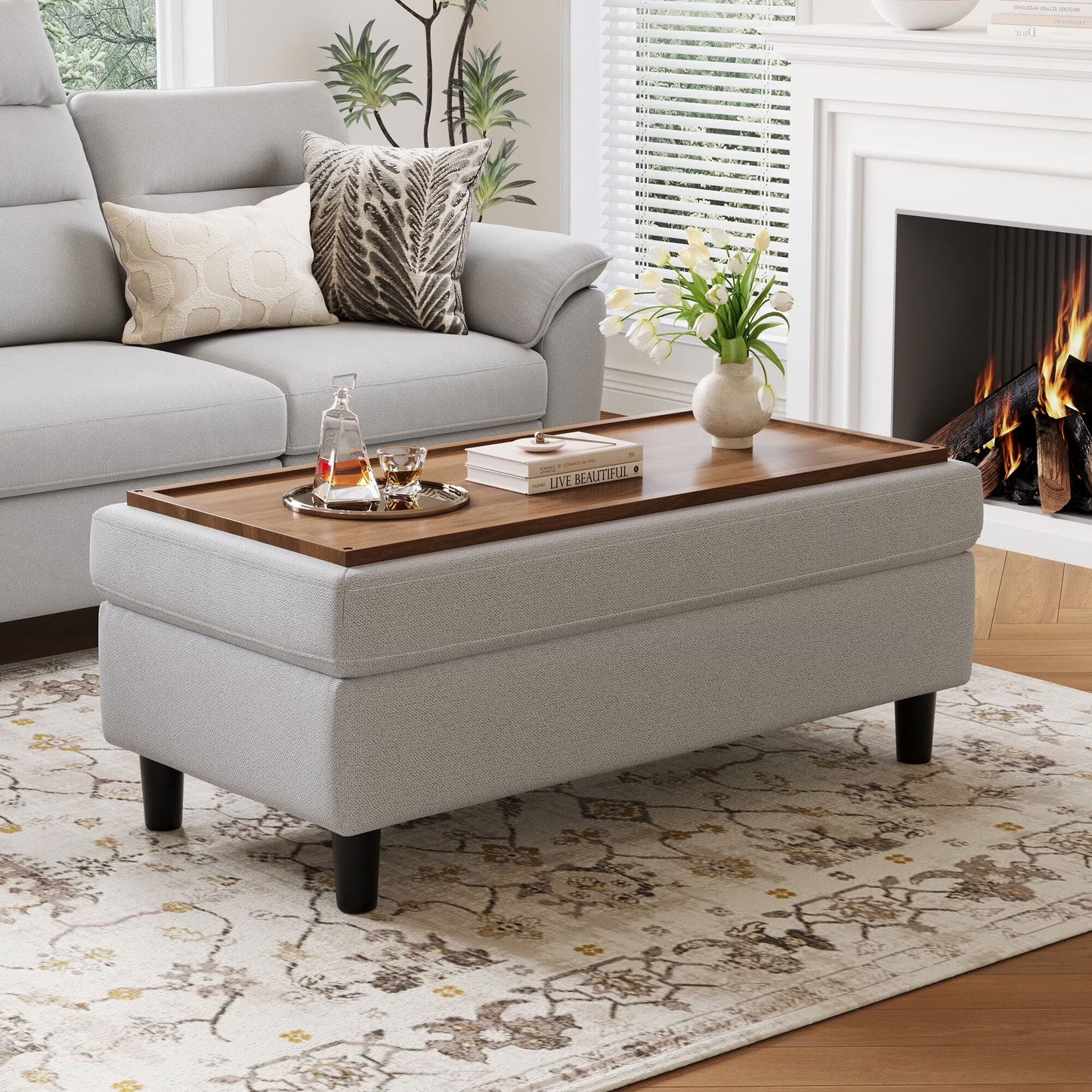 LINSY HOME 46" Large Ottoman with Storage, Ottoman Coffee Table, Upholstered Storage Bench for Living Room, Bedroom or Entryway