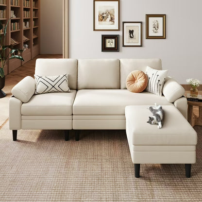 LINSY HOME 82" Reversible Sectional Sofa Couch, 3 Seater L -Shaped Sofa with Movable Ottoman for Living Room